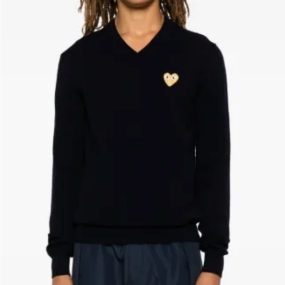 Navy v neck comme des garçons Sweater with Gold Heart Emblem